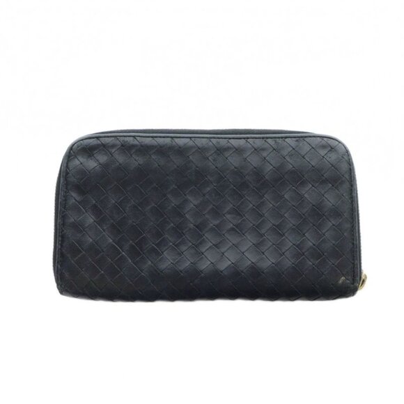 Bottega Veneta Long Wallet Leather Intrecciato Zip Around Logo Black MQ